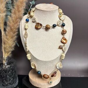 Boho Shell and Wood Beaded Necklace Neutral and Brown Tones‎ Single Strand